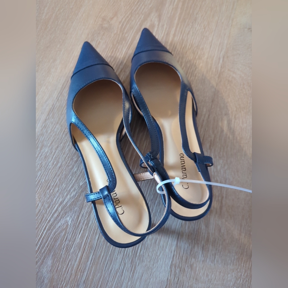C. Paravano Cap Toe Sling Back Helen Kitten Heel 9.5, 10.5 Navy Shoes NWOB - Picture 11 of 16